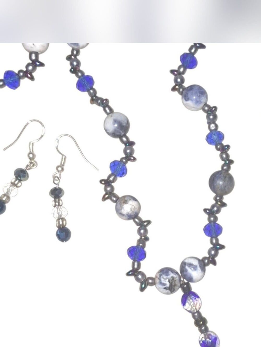 Gemstone & Crystal Handmade Blue and Gray Bead Necklace & Earring & bracelet